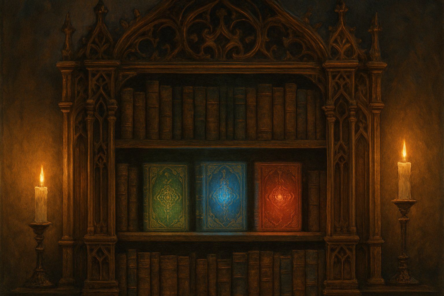 A carved wooden bookcase between two lit candles, with three glowing books on its middle shelf: green, blue and red.