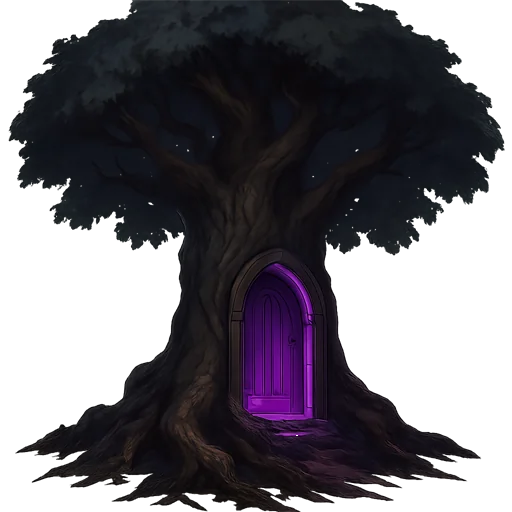 An ancient oak with a glowing purple door set into its trunk.
