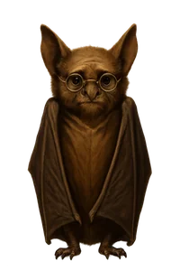 Pip, a small brown bat wearing round spectacles.