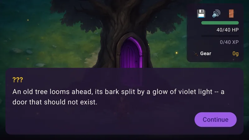 The Ranger before an ancient oak with a glowing purple door. Narration: An old tree looms ahead, its bark split by a glow of violet light, a door that should not exist.